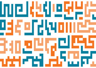 Dynamic mosaic of angular, pixelated forms in contrasting colors, creating a cryptic yet visually engaging design with a modern digital and ancient cultural aesthetic