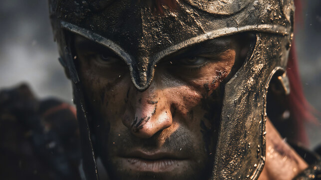 A cinematic portrait of Ares, the god of war, a determined and gritty veteran soldier from ancient Greece, a close-up of a warrior's face with a helmet, a character symbolizing endurance and strength.
