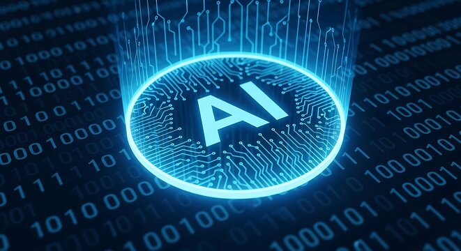 Futuristic ai logo glowing blue with digital binary code background technology concept