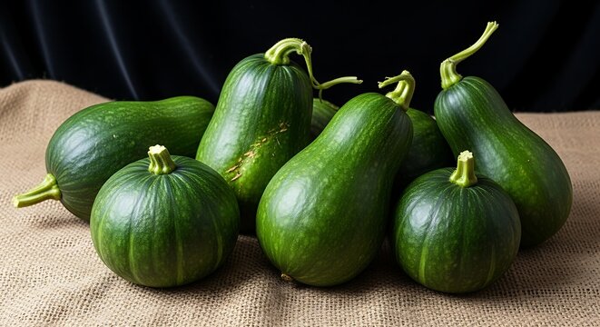 A rustic still life of fresh green winter squashes on burlap fabric.