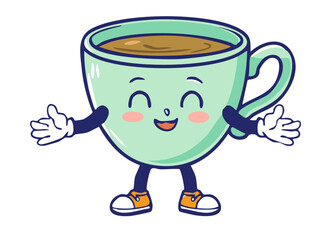 Fototapeta premium Cartoon coffee cup character with smiling face, arms and legs, cute mascot design, vector illustration of funny beverage mug, playful drink icon for café, breakfast or coffee shop concepts