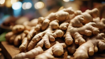 Vibrant pile of fresh organic ginger roots ready for culinary use, offering natural health benefits...