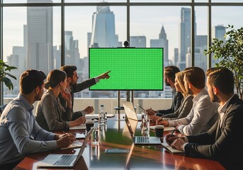 Business team collaborating during meeting in modern office with green screen display and cityscape view, fostering teamwork and innovation.