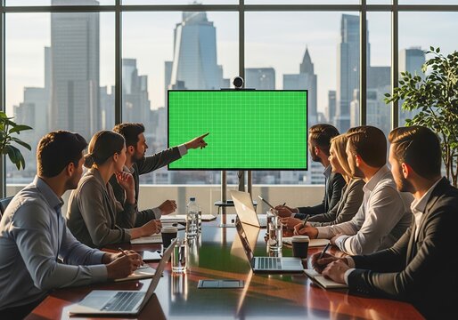 Business team collaborating during meeting in modern office with green screen display and cityscape view, fostering teamwork and innovation. - Powered by Adobe
