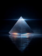 Crystal pyramid levitating above a reflective surface, representing mystery, power, and ancient wisdom