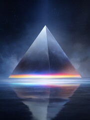 Prismatic crystal pyramid with a reflective base, symbolizing futuristic technology and ancient power