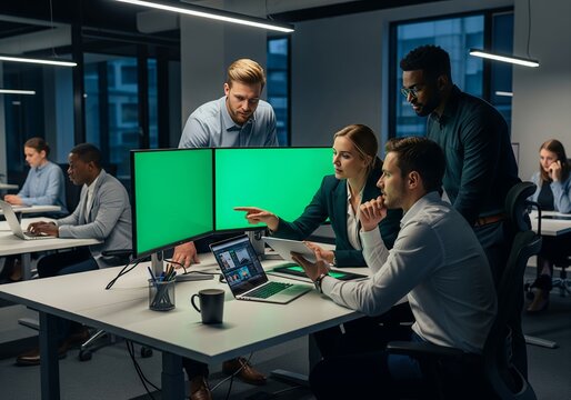 Diverse team collaborates on project at modern office, discussing data on dual monitors with green screens, fostering teamwork and innovation.