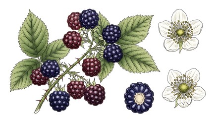 Botanical Illustration of Blackberry Branch with Flowers and Berries