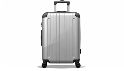 A silver hard-shell carry-on suitcase with a retractable handle and four wheels, shown against a white background.  It features a sleek, ribbed design