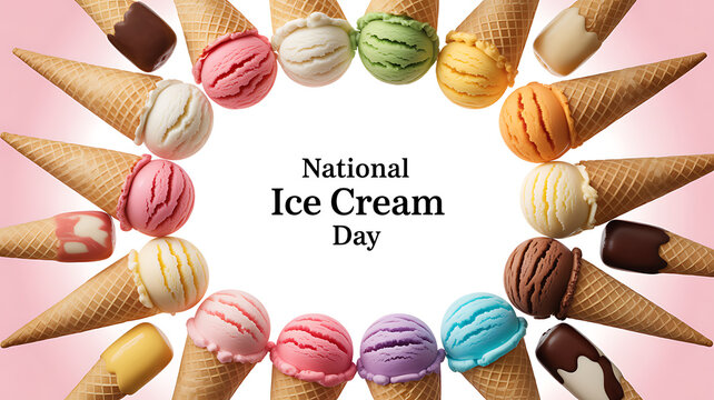 National Ice Cream Day celebration with colorful ice cream cones arranged in a circle