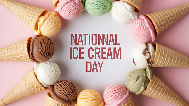 Colorful ice cream cones arranged in a circle around text celebrating National Ice Cream Day