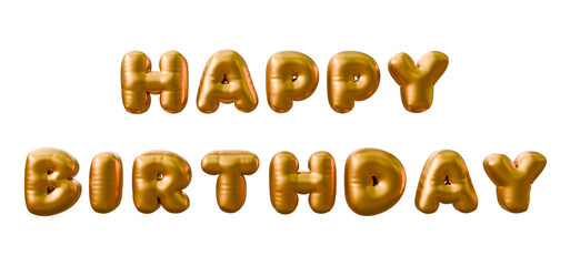 3d rendering golden happy birthday foil balloon phrase on a isolated background. Concept of celebration and happy birthday holiday.
