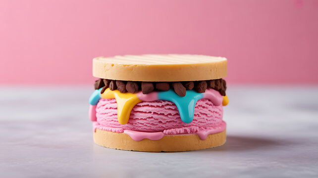 Colorful ice cream sandwich with pink, yellow, and blue frosting between two cookies