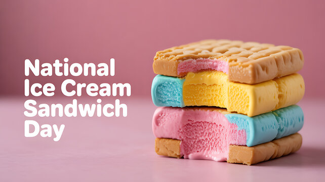 Stack of colorful ice cream sandwiches on a pink background celebrating National Ice Cream Sandwich Day