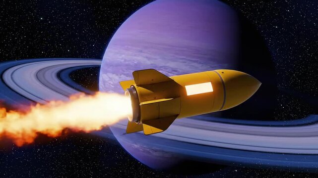 A yellow rocket ship blasting off into space, passing a large purple planet with rings.