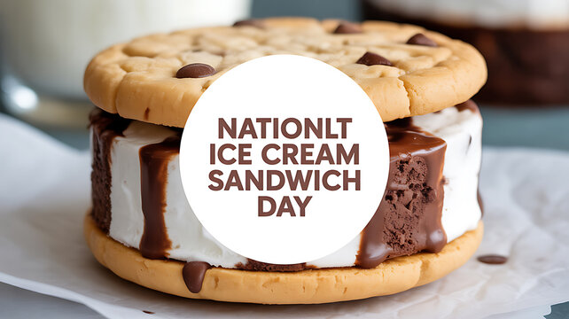 National Ice Cream Sandwich Day celebration with a chocolate chip cookie ice cream sandwich