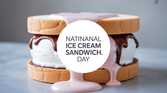 A close-up of a layered ice cream sandwich with chocolate and pink sauce drizzling down, celebrating National Ice Cream Sandwich Day.