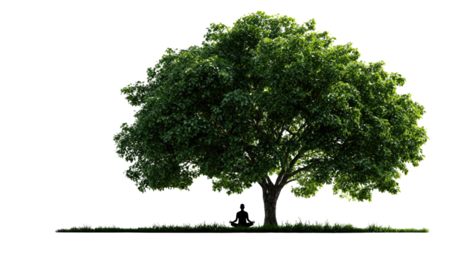 Meditation Under the Tree: A tranquil silhouette of a meditating figure is nestled beneath a large, lush tree, embodying peace, serenity, and the profound connection with nature.