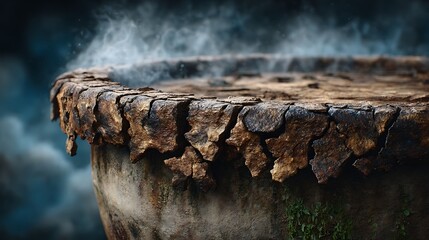 An extreme close-up of a smokestacka??s rim, where heat distortion warps the view of toxic gases escaping into the air. The metal is scorched and peeling from constant use.