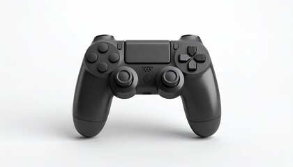 A sleek, black video game controller is shown against a plain white background.  The controller is centrally positioned and sharply in focus