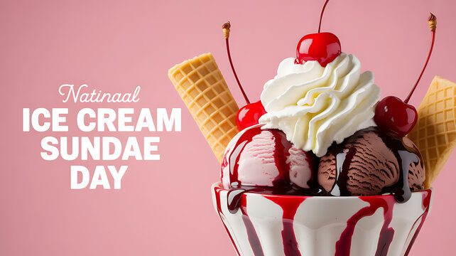 A colorful ice cream sundae with vanilla and chocolate scoops, whipped cream, cherries, and waffle cones in a striped cup against a pink background