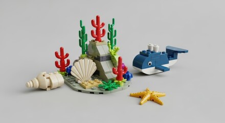 Naklejka premium A Vibrant Lego Ocean Scene Featuring a Whale Coral Reef and Starfish in a Minimalist Style