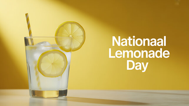 A glass of lemonade with lemon slices and a straw on a yellow background celebrating National Lemonade Day