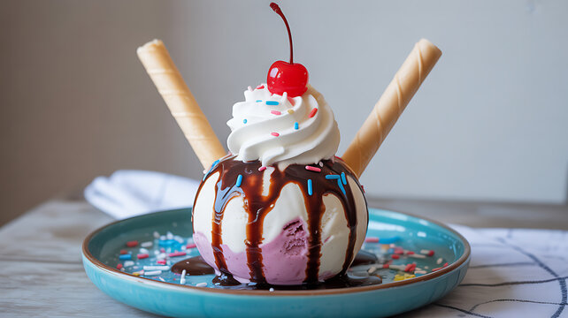 A colorful ice cream sundae with chocolate drizzle, sprinkles, whipped cream, and a cherry on top, served in a bowl with wafer sticks.