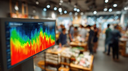 Medium shot focusing on a digital heatmap displaying peakhour customer density in a store while the surrounding environment remains out of focus