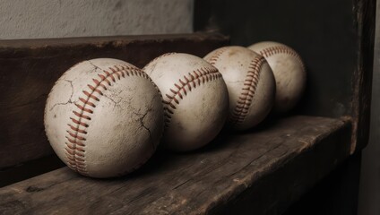 Vintage baseballs lined up on weathered wooden shelf evoke nostalgia for classic games and timeless sporting heritage