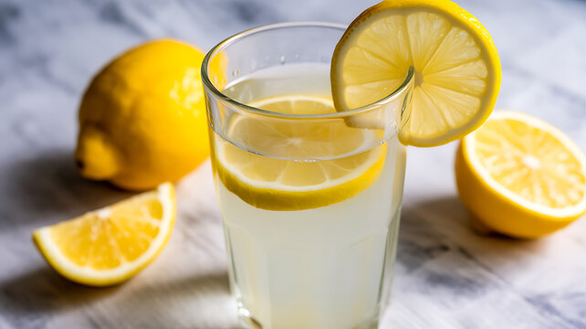 A glass of lemon water garnished with lemon slices, surrounded by whole and cut lemons on a marble surface.