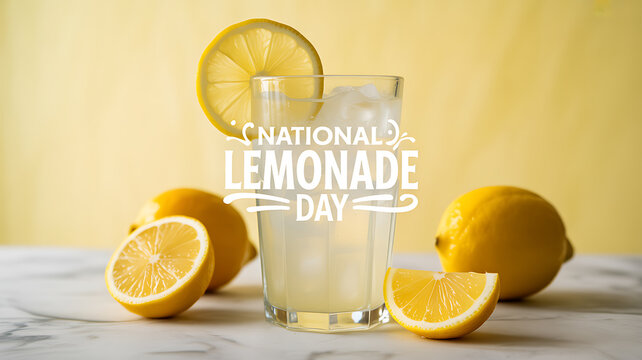 A glass of lemonade with ice and lemon slices on a marble surface, celebrating National Lemonade Day