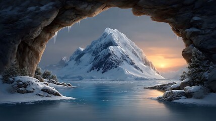 The breathtaking colors of an Antarctic sunset illuminate a large blue iceberg arch surrounded by icy water, icicles glinting in the low sun and distant hills blanketed in snow.