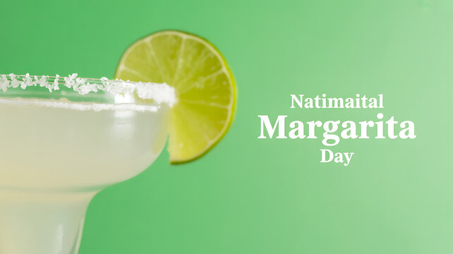 A margarita cocktail with a lime wedge and salted rim against a green background, celebrating National Margarita Day