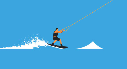 Vibrant vector illustration of a skilled wakeboarder in dynamic action, carving through bright blue water with an impressive spray, depicting exhilarating summer watersports