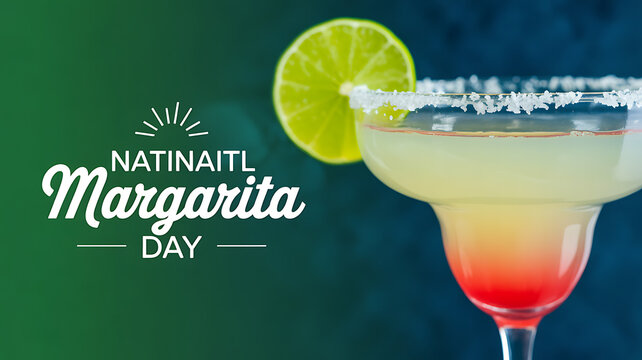 A colorful margarita with a salted rim and lime garnish, celebrating National Margarita Day against a gradient background.