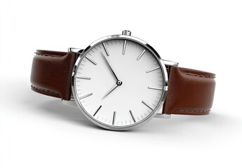 Sleek, round wristwatch with a brown leather band, angled on a white background.  A simple white face with silver-toned hands and markers.  The watch appears modern and classic