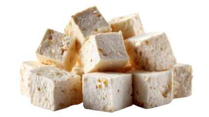 Tofu Cubes: A close-up shot of freshly cut tofu cubes, showcasing their firm texture, versatility, and simplicity in the culinary world.