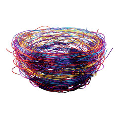 Artistic bird nest designed with colorful yarn and threads, creative handmade concept illustration about shelter and safety