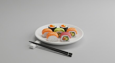 Assorted Sushi Rolls on White Plate with Black Chopsticks on Light Gray Background
