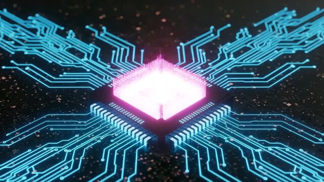 Glowing pink light emanating from a central processor with blue circuit board connections around it