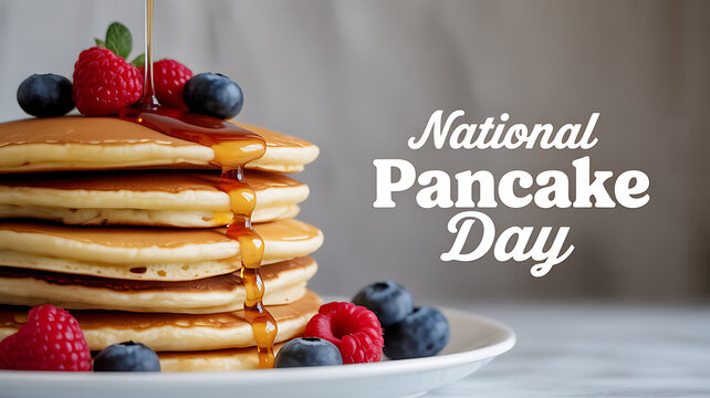 Stack of pancakes topped with berries and syrup, celebrating National Pancake Day