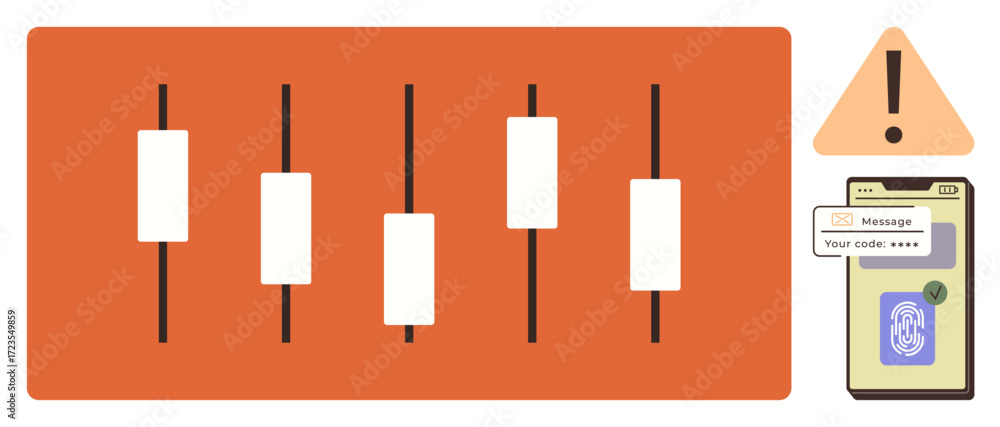 Poster candlestick chart for financial analysis, warning sign for precaution, mobile security code for auth