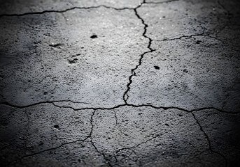 Obraz premium Close-up view of a cracked concrete surface with a dark, moody lighting effect.