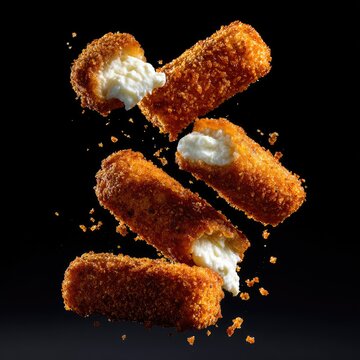 Four breaded cheese sticks, some broken, fall against a black background, crumbs scattered