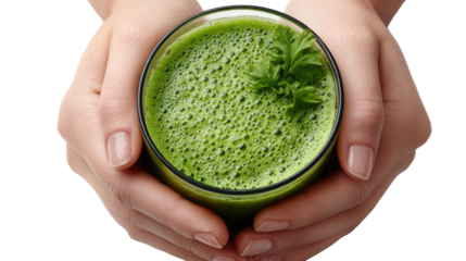 Green Goodness: A close-up shot of hands tenderly cradling a vibrant, freshly made green smoothie in a clear glass, garnished with a sprig of fresh greenery, epitomizing wellness and vitality.