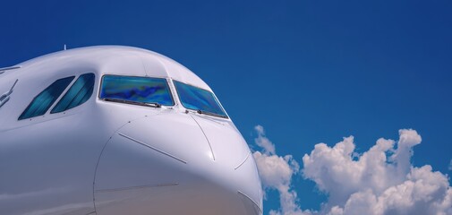 The modern airplane nose against a bright blue sky and clouds.