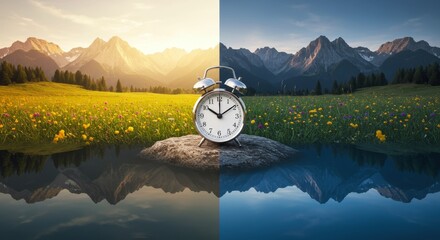 Day and night division with clock in idyllic mountain landscape scenery