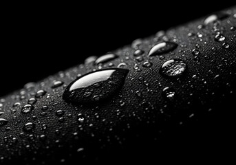 Close-up macro shot of water droplets beading on a textured black fabric surface, highlighting its hydrophobic properties.