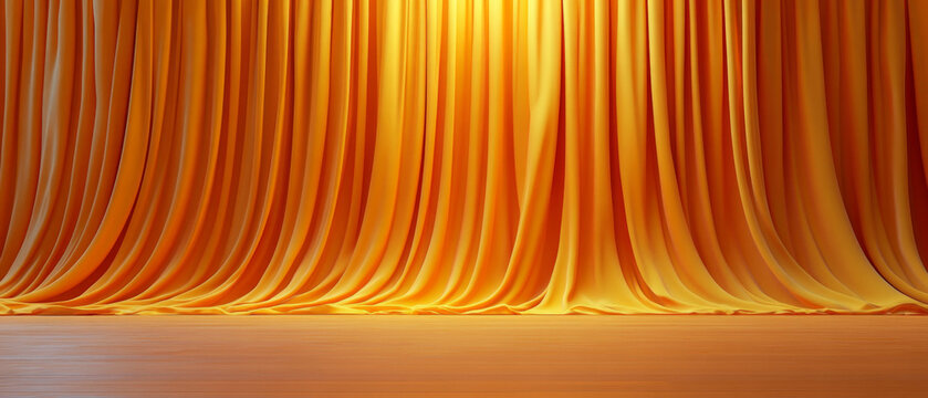 A bright orange fabric curtain on stage creates an atmosphere of theater, art, and creativity, suitable for announcements of cultural events and entertainment projects.